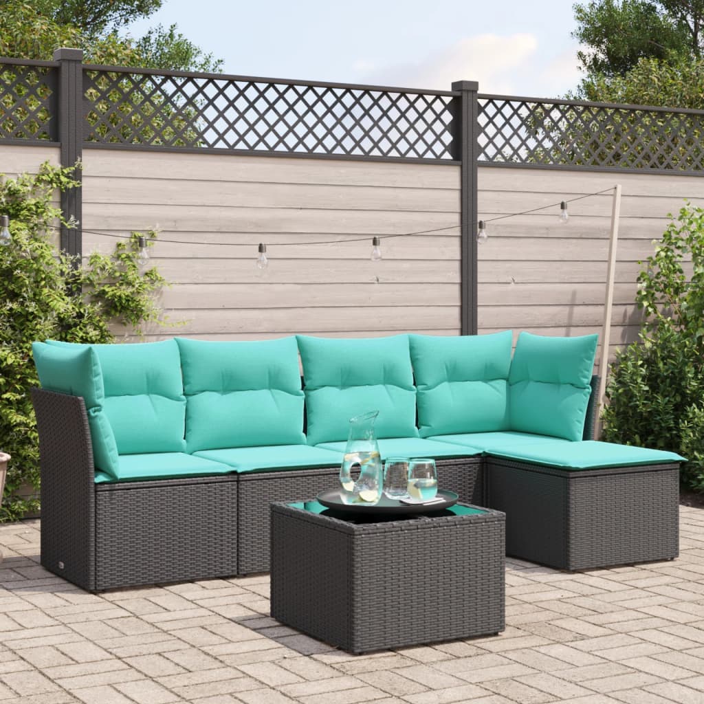 vidaXL 6-tlg. Garten-Sofagarnitur mit Kissen Schwarz Poly Rattan