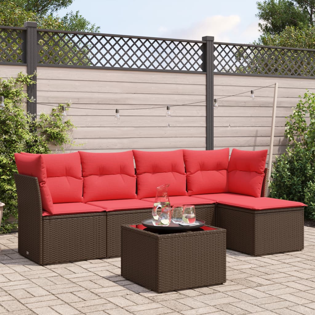 6 Piece Patio Sofa Set with Cushions Brown Poly Rattan