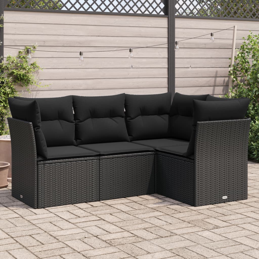 vidaXL 4-tlg. Garten-Sofagarnitur mit Kissen Schwarz Poly Rattan