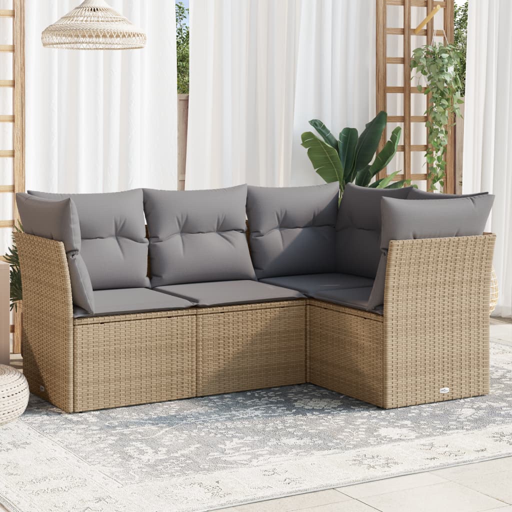 4-tlg. Garten-Sofagarnitur mit Kissen Beige Poly Rattan