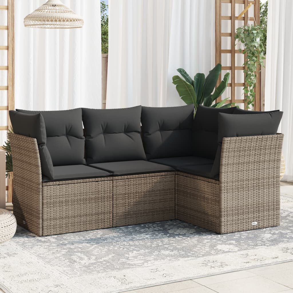 4-tlg. Garten-Sofagarnitur mit Kissen Grau Poly Rattan