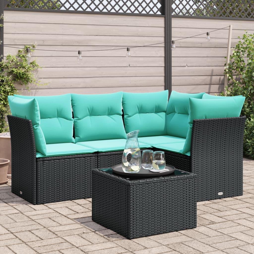 vidaXL 5-tlg. Garten-Sofagarnitur mit Kissen Schwarz Poly Rattan