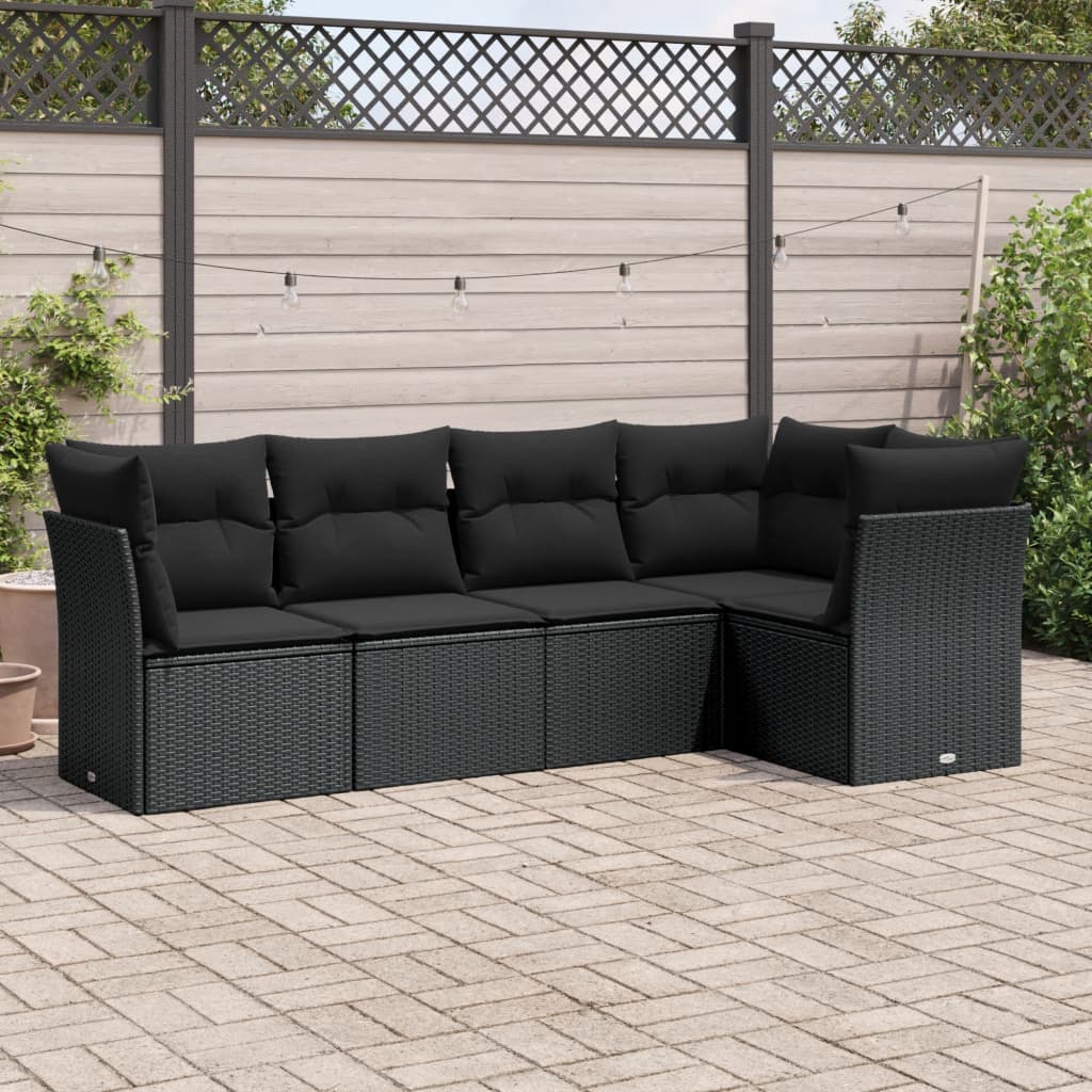 vidaXL 5-tlg. Garten-Sofagarnitur mit Kissen Schwarz Poly Rattan