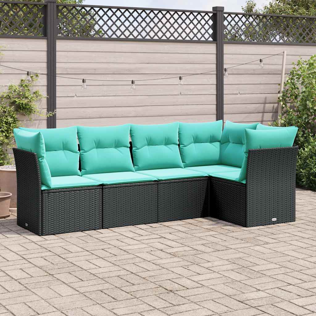 vidaXL 5-tlg. Garten-Sofagarnitur mit Kissen Schwarz Poly Rattan