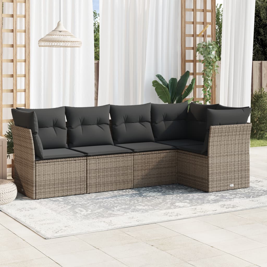 vidaXL 5-tlg. Garten-Sofagarnitur mit Kissen Grau Poly Rattan