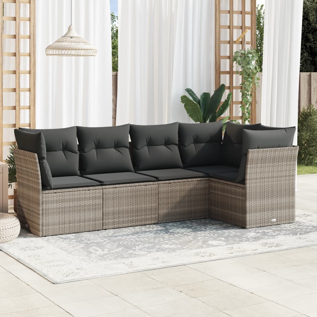 5-tlg. Garten-Sofagarnitur mit Kissen Hellgrau Poly Rattan