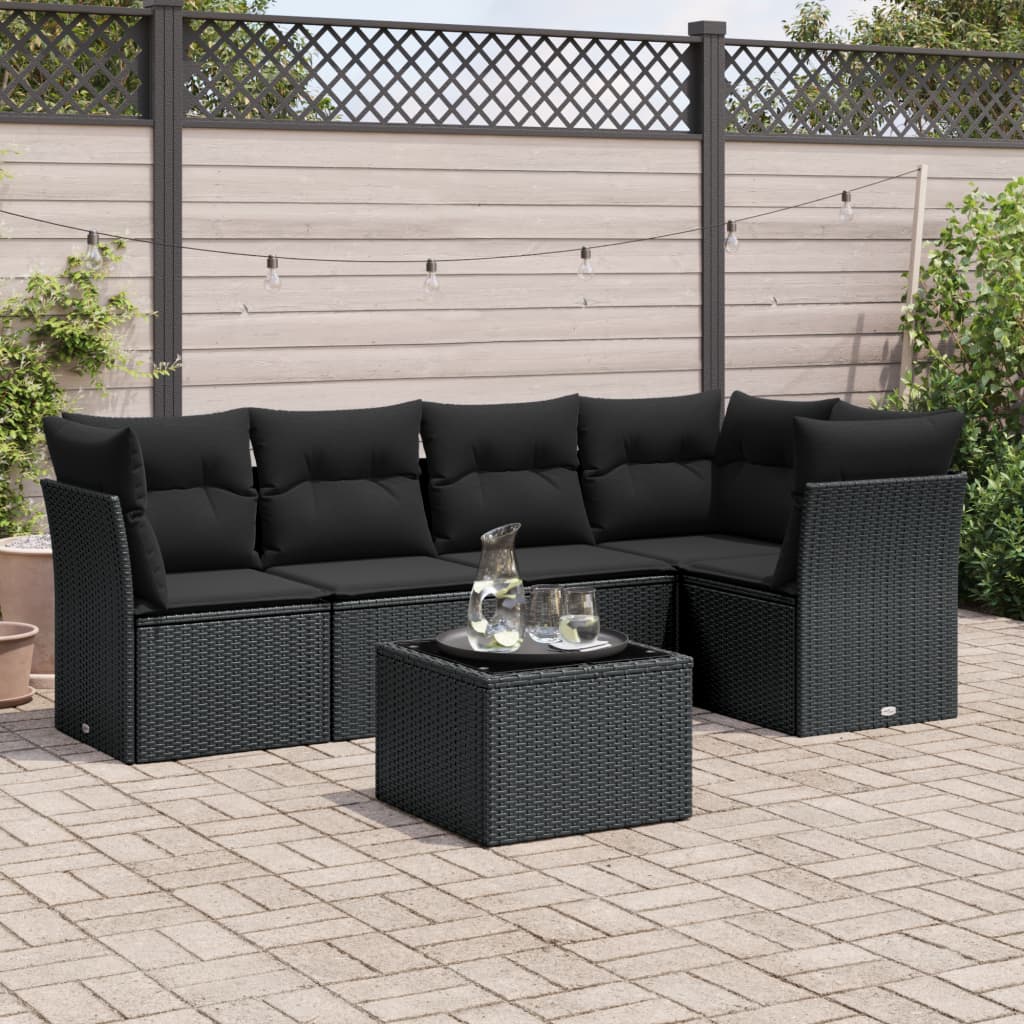 6-tlg. Garten-Sofagarnitur mit Kissen Schwarz Poly Rattan