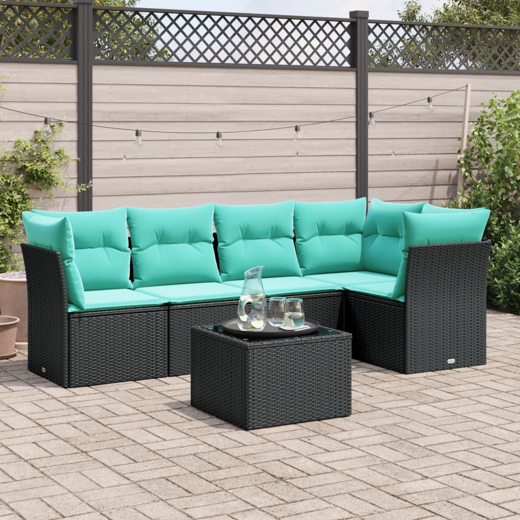 6-tlg. Garten-Sofagarnitur mit Kissen Schwarz Poly Rattan