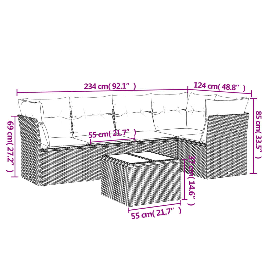 vidaXL 6-delige Loungeset met kussens poly rattan beige afbeelding