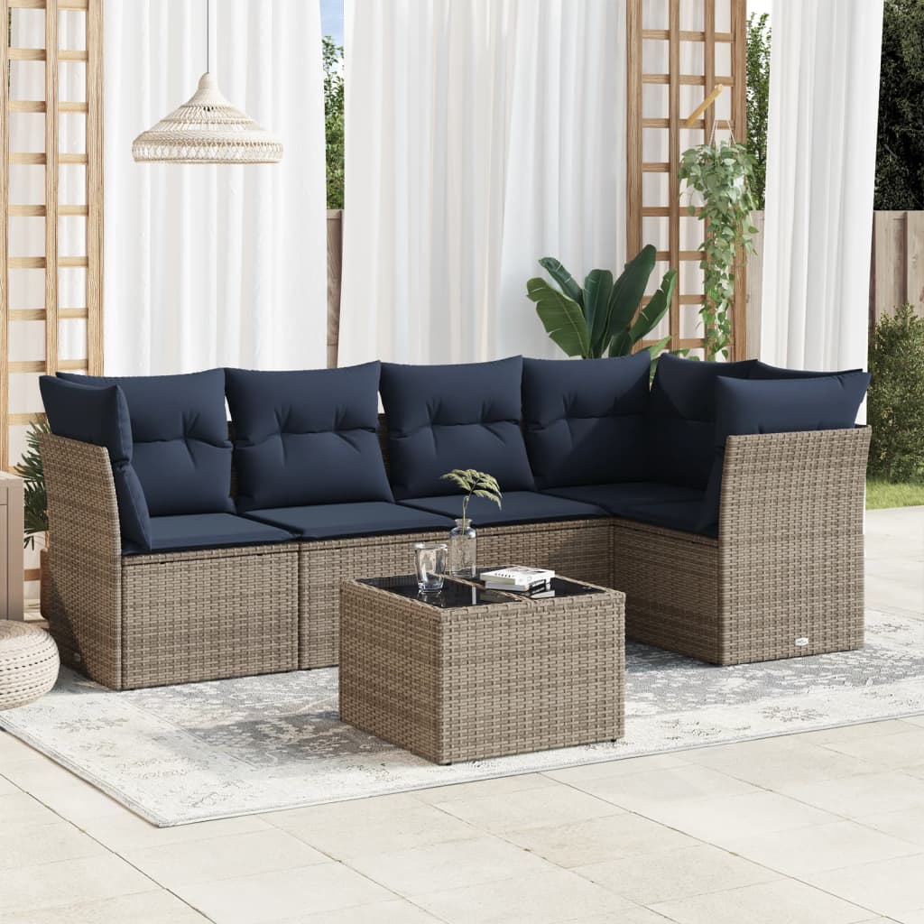 6 Piece Patio Sofa Set with Cushions Gray Poly Rattan