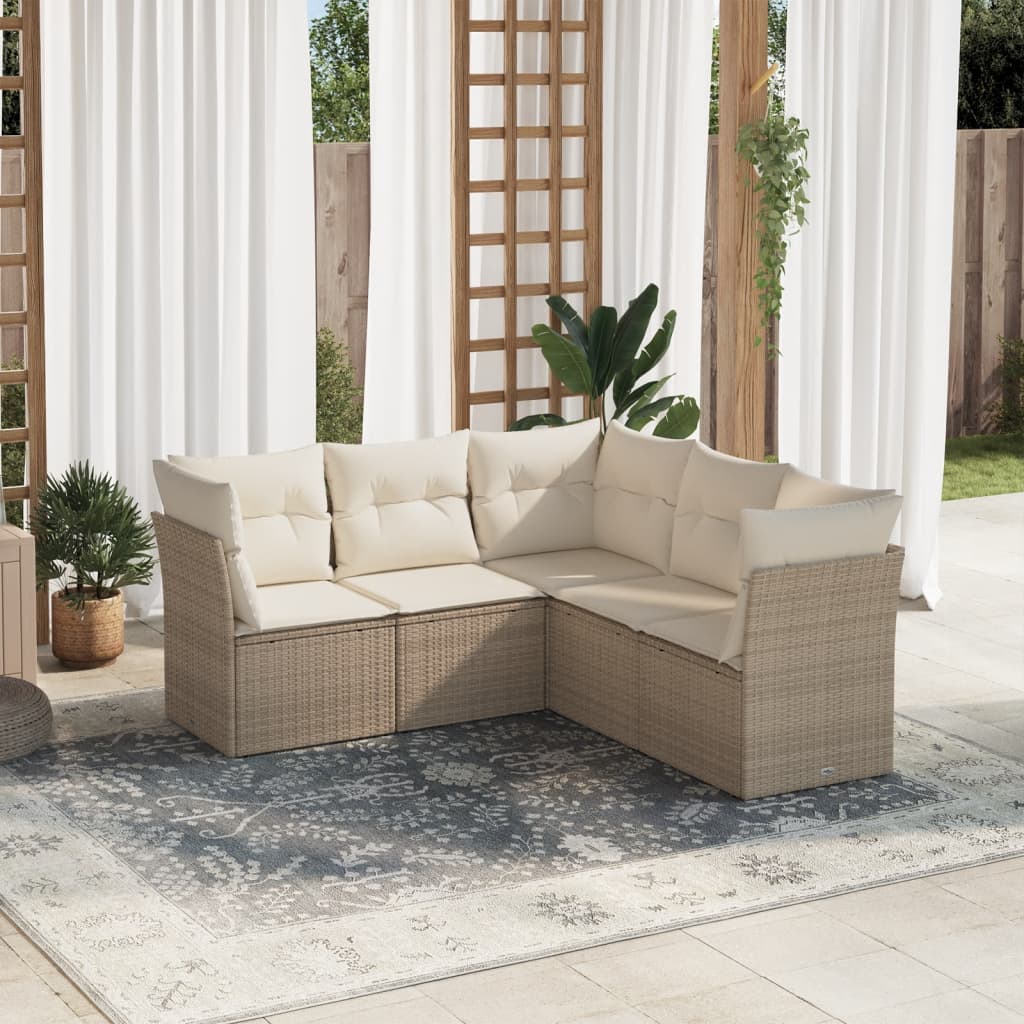 vidaXL 5-tlg. Garten-Sofagarnitur mit Kissen Beige Poly Rattan