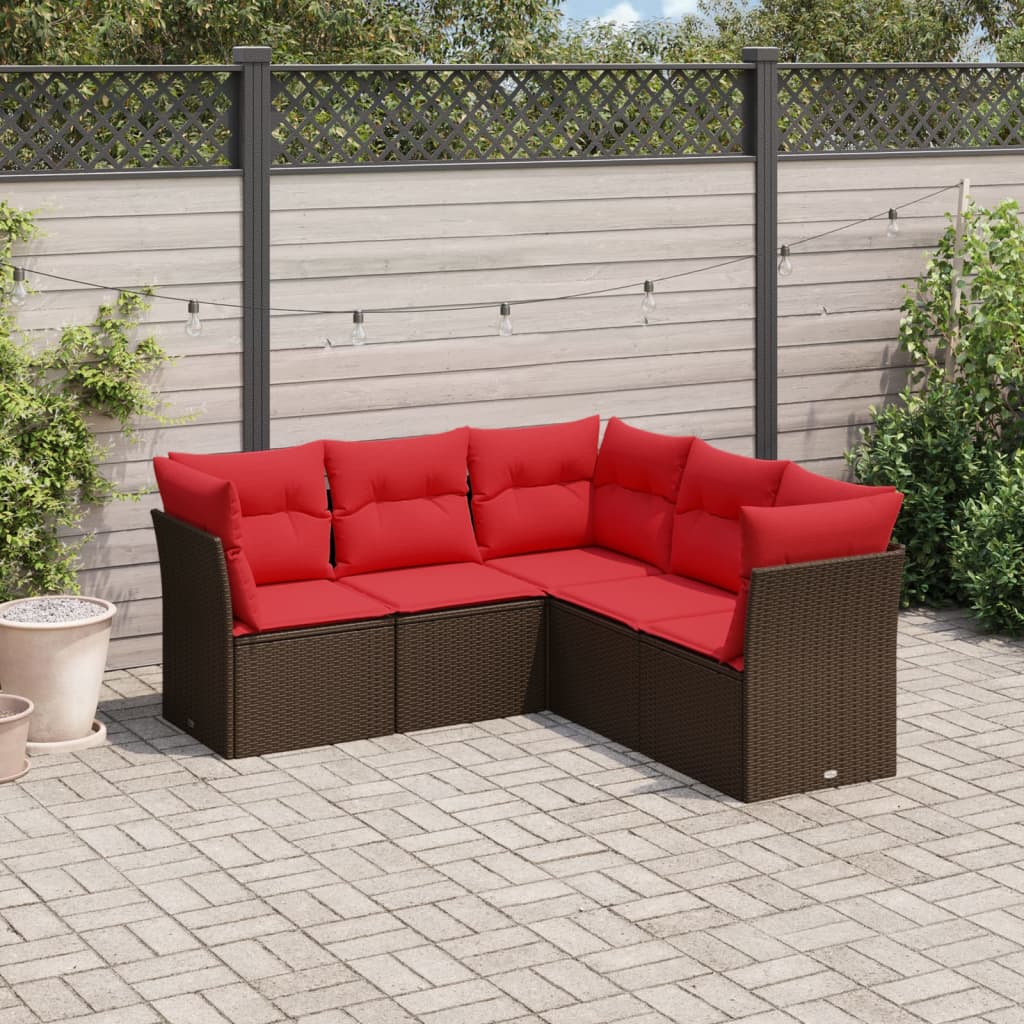 5 Piece Patio Sofa Set with Cushions Brown Poly Rattan