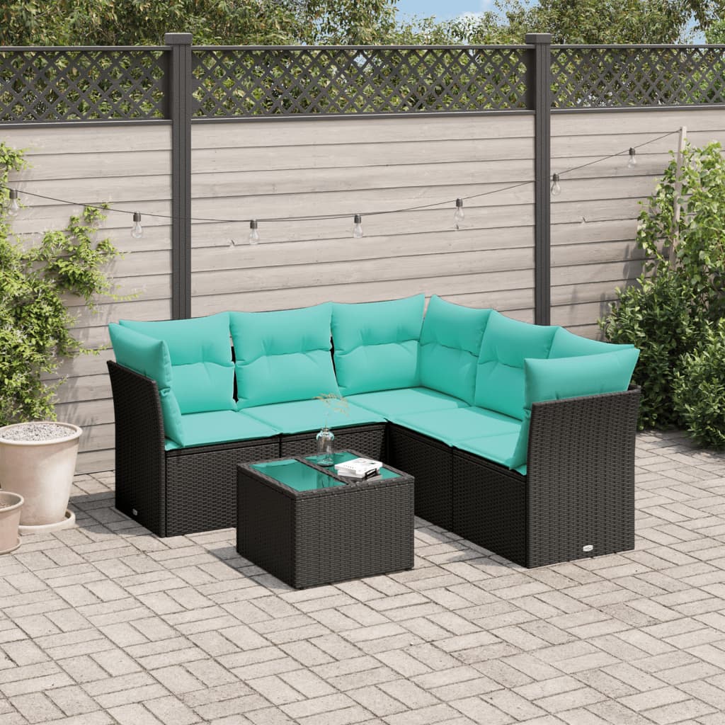 6-tlg. Garten-Sofagarnitur mit Kissen Schwarz Poly Rattan
