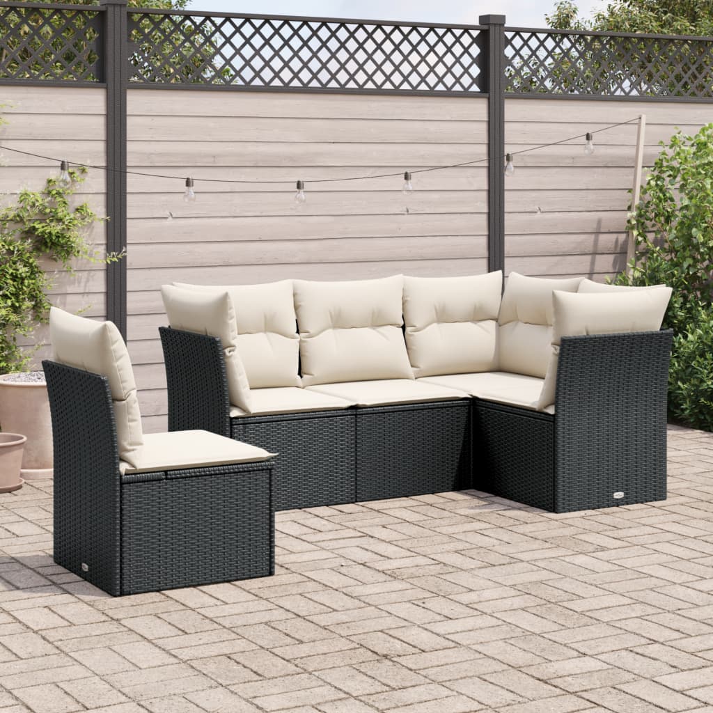 vidaXL 5-tlg. Garten-Sofagarnitur mit Kissen Schwarz Poly Rattan