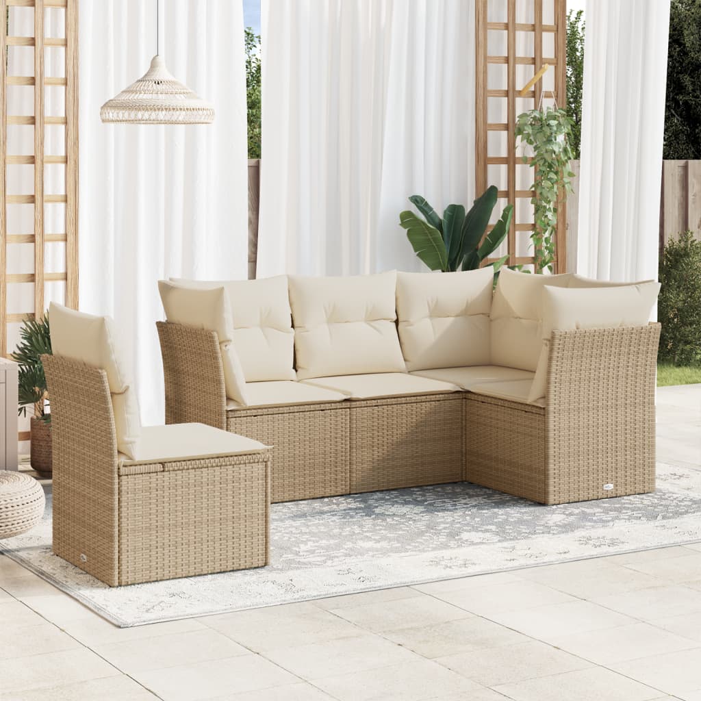 5-tlg. Garten-Sofagarnitur mit Kissen Beige Poly Rattan