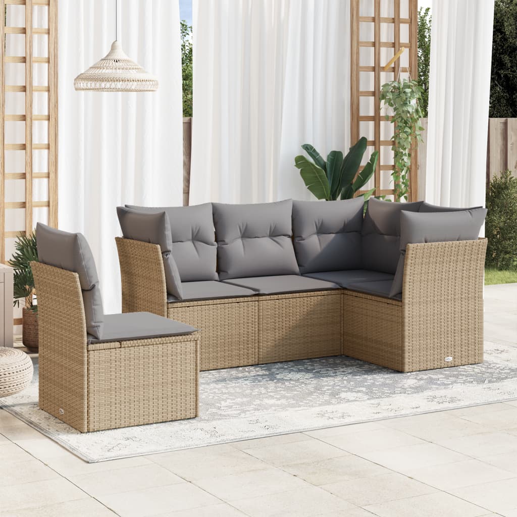 5-tlg. Garten-Sofagarnitur mit Kissen Beige Poly Rattan