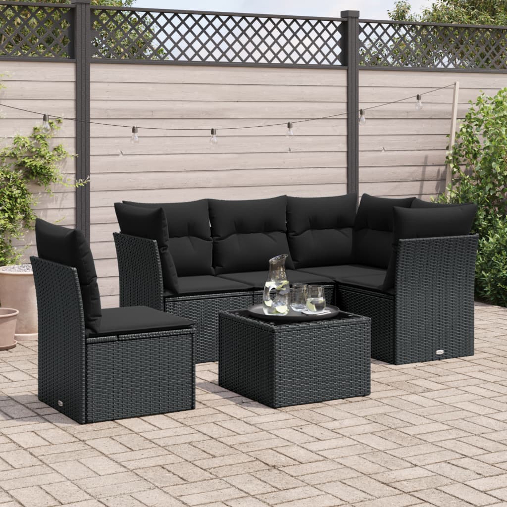 Set mobilier de grădină cu perne, 6 piese, negru, poliratan