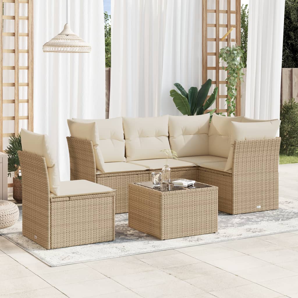 vidaXL 6-tlg. Garten-Sofagarnitur mit Kissen Beige Poly Rattan