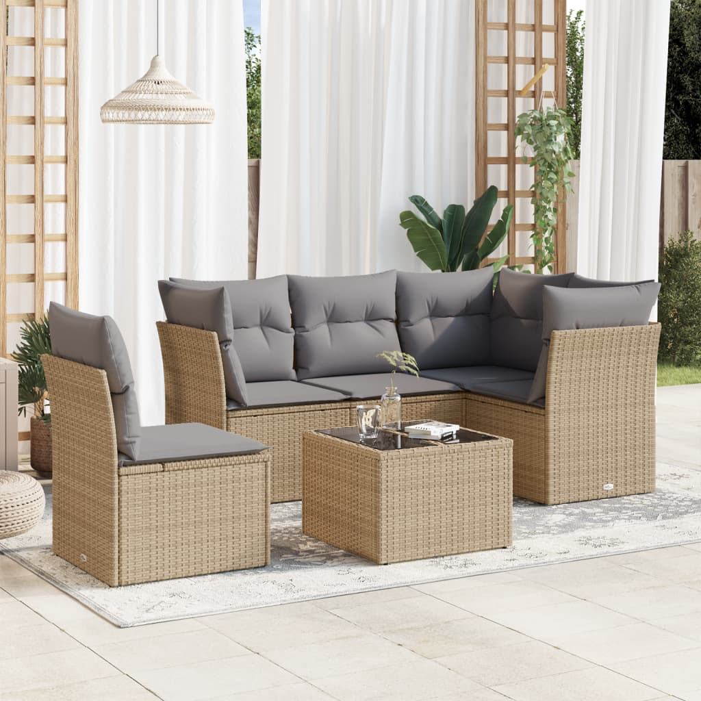 6-tlg. Garten-Sofagarnitur mit Kissen Beige Poly Rattan