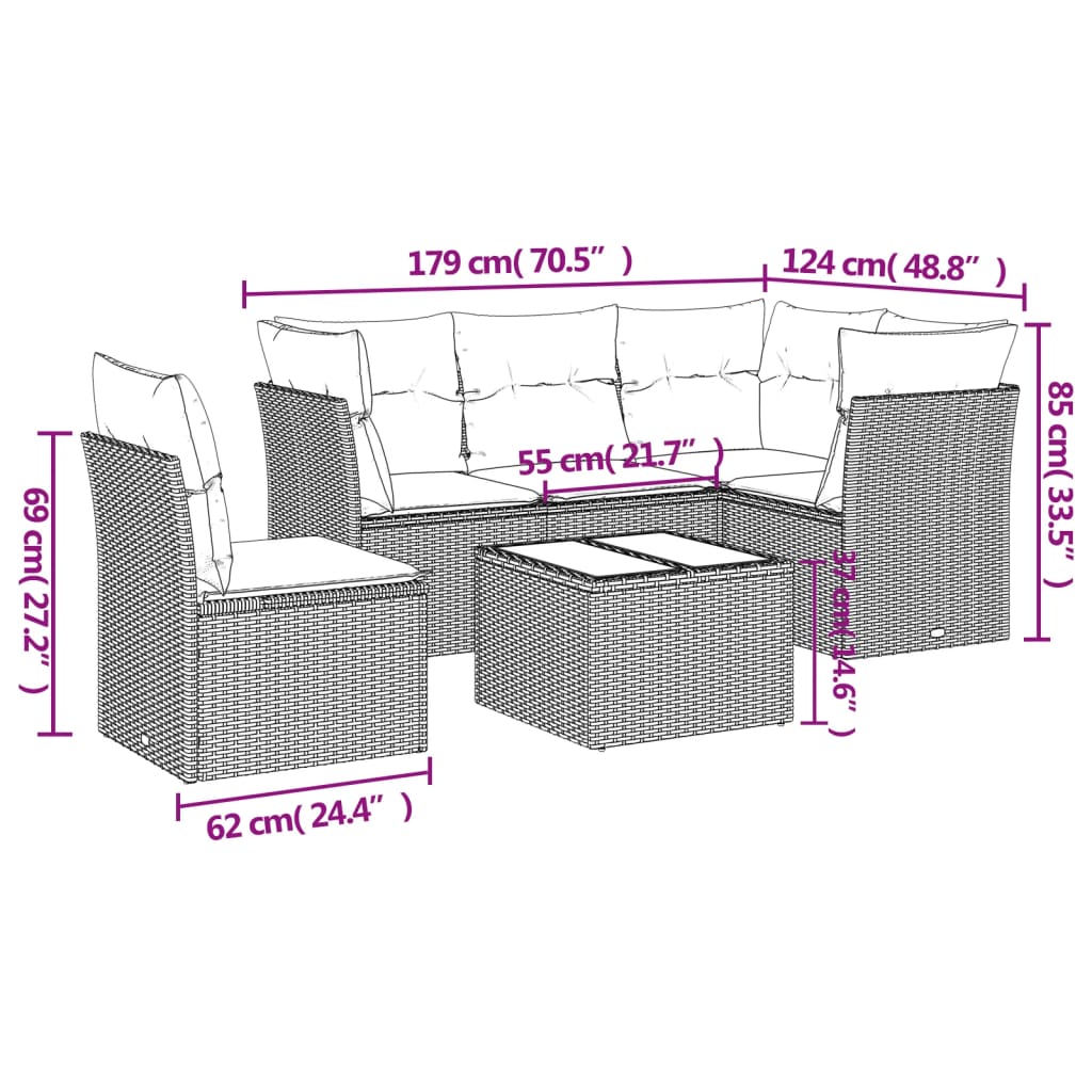 vidaXL 6-delige Loungeset met kussens poly rattan grijs