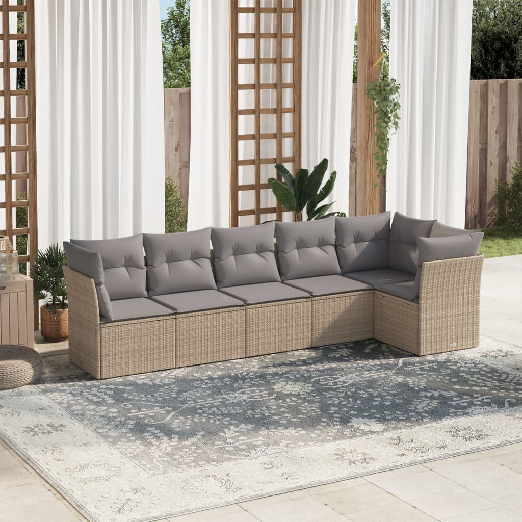 6-tlg. Garten-Sofagarnitur mit Kissen Beige Poly Rattan