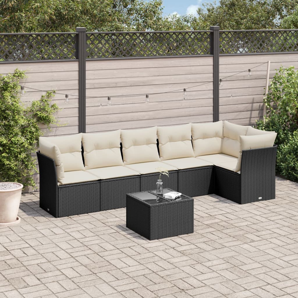 vidaXL 7-tlg. Garten-Sofagarnitur mit Kissen Schwarz Poly Rattan