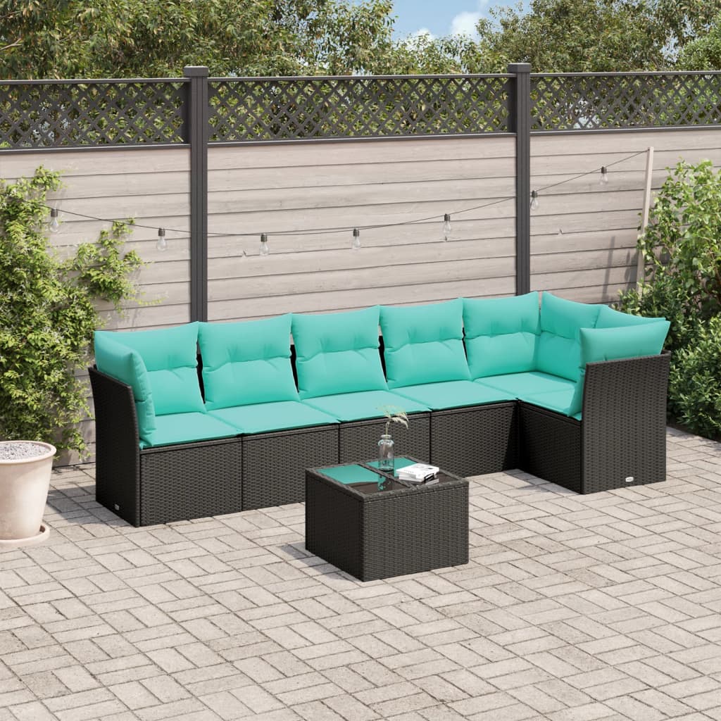 7-tlg. Garten-Sofagarnitur mit Kissen Schwarz Poly Rattan