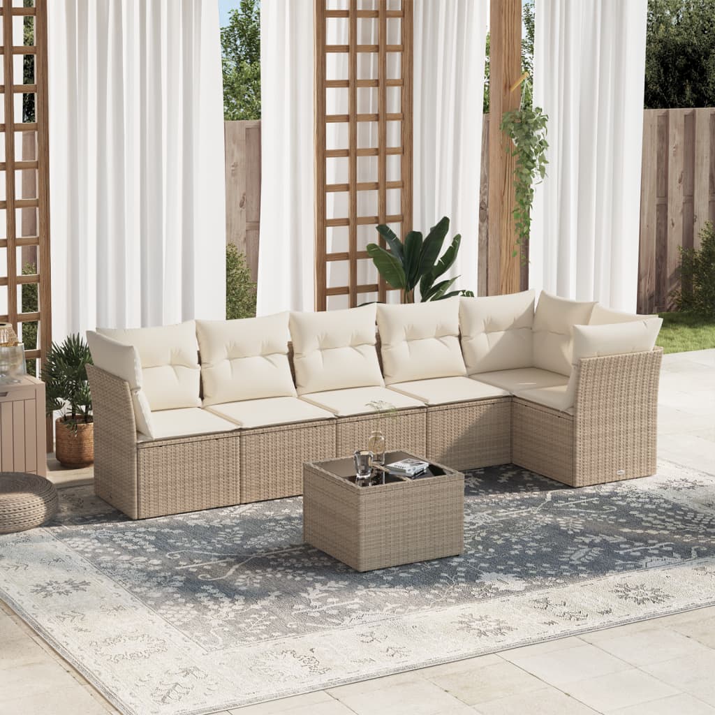 7-tlg. Garten-Sofagarnitur mit Kissen Beige Poly Rattan