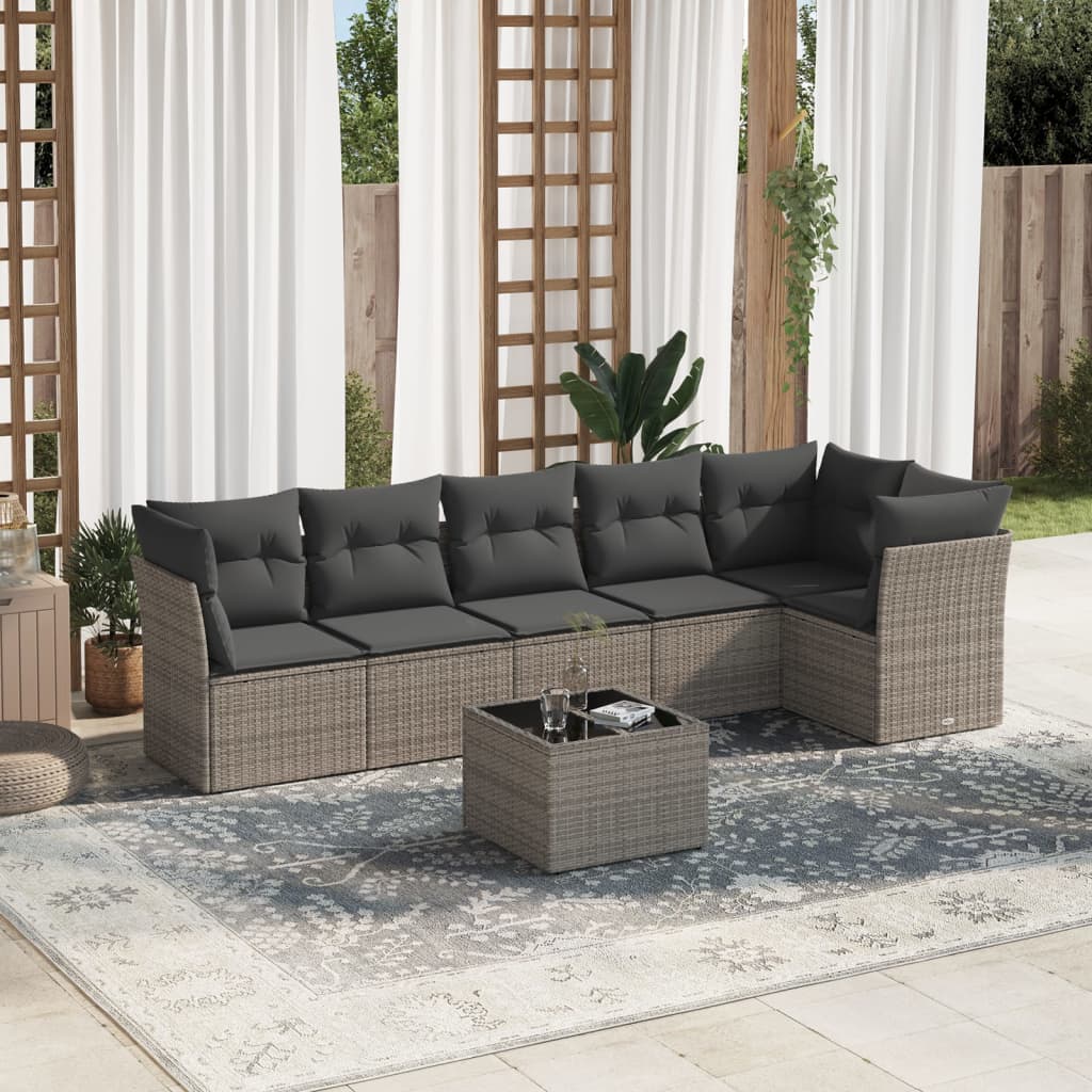 vidaXL 7-tlg. Garten-Sofagarnitur mit Kissen Grau Poly Rattan