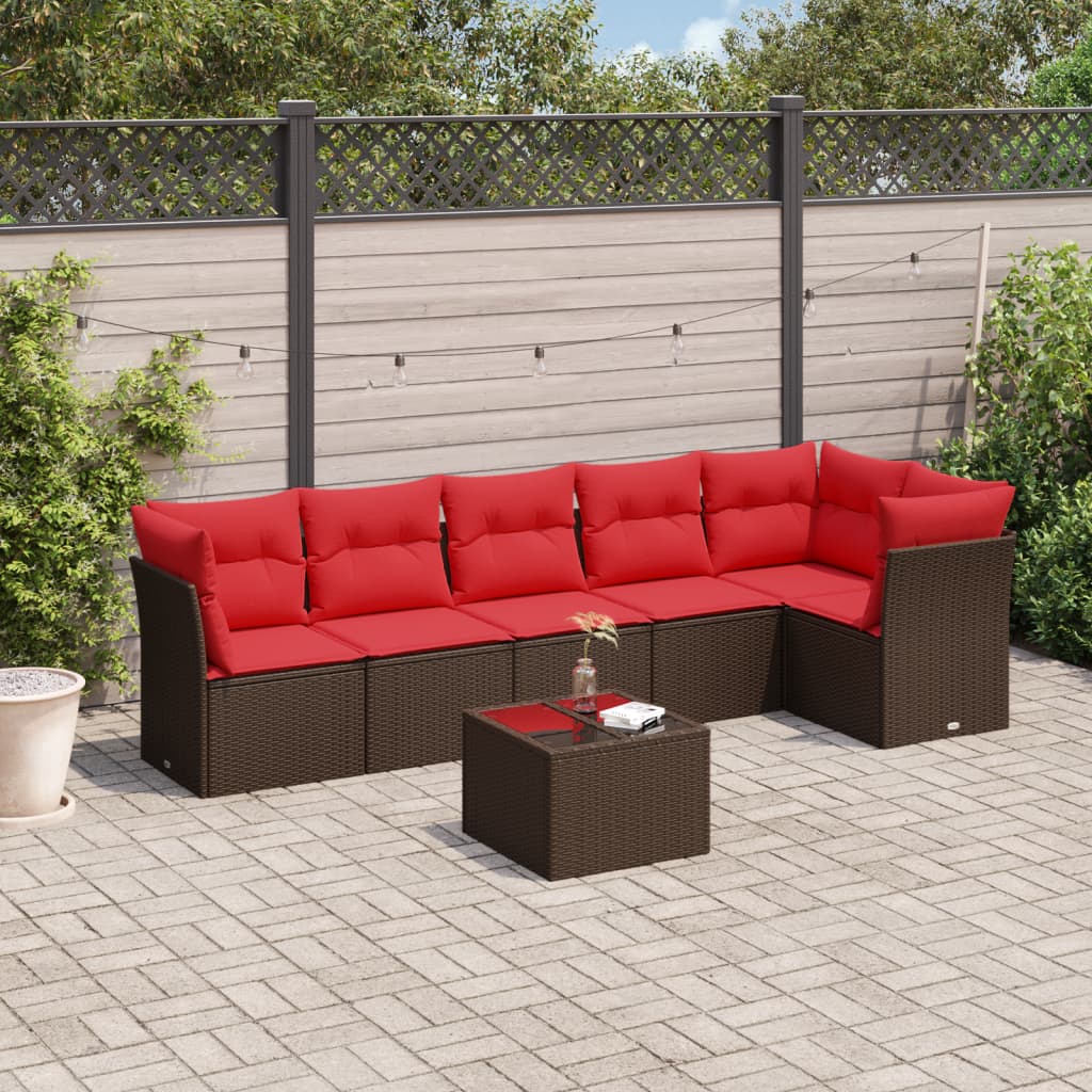 7 Piece Patio Sofa Set with Cushions Brown Poly Rattan