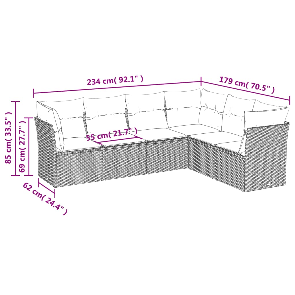 vidaXL 6-delige Loungeset met kussens poly rattan zwart afbeelding