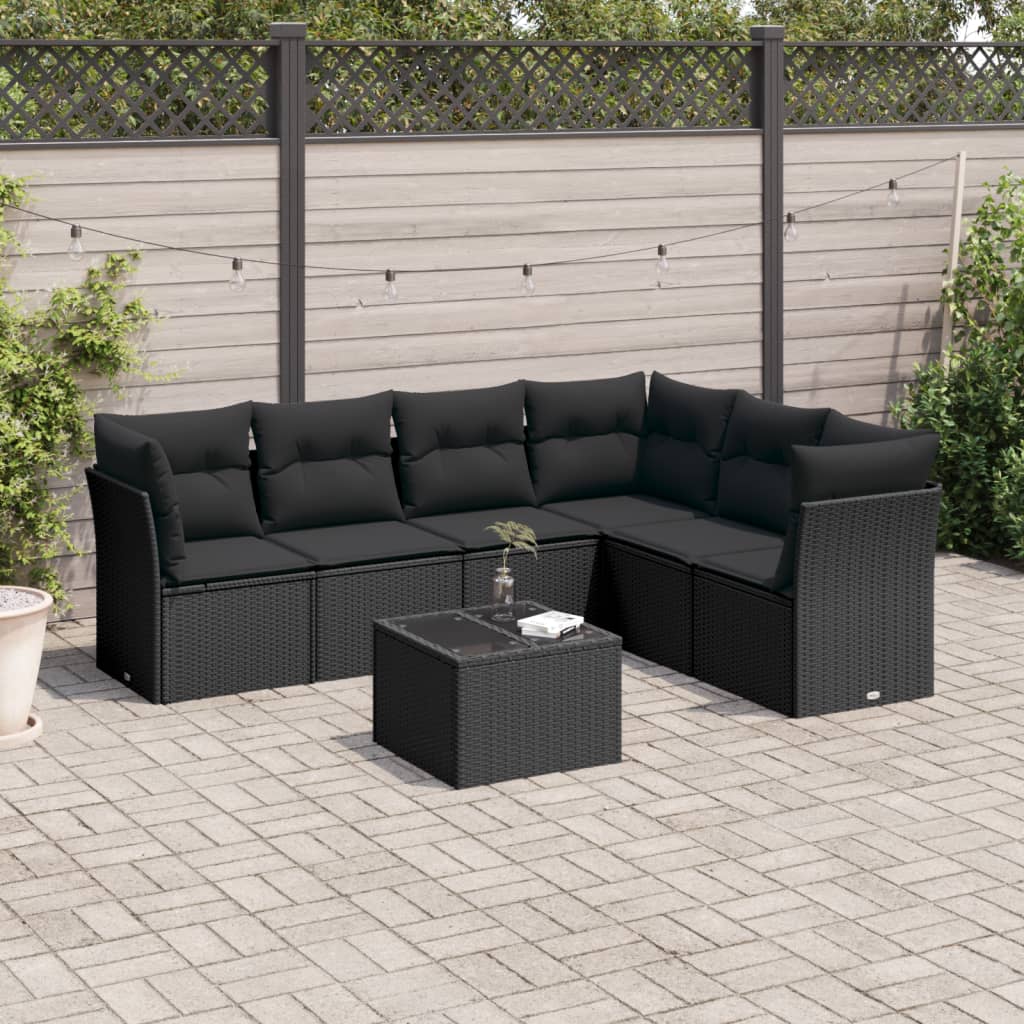 vidaXL 7-tlg. Garten-Sofagarnitur mit Kissen Schwarz Poly Rattan