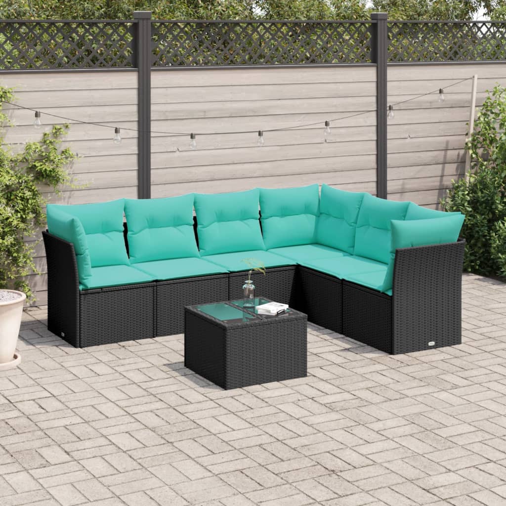 7-tlg. Garten-Sofagarnitur mit Kissen Schwarz Poly Rattan