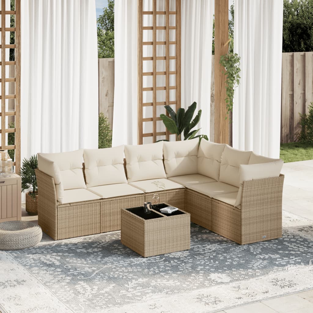 vidaXL 7-tlg. Garten-Sofagarnitur mit Kissen Beige Poly Rattan