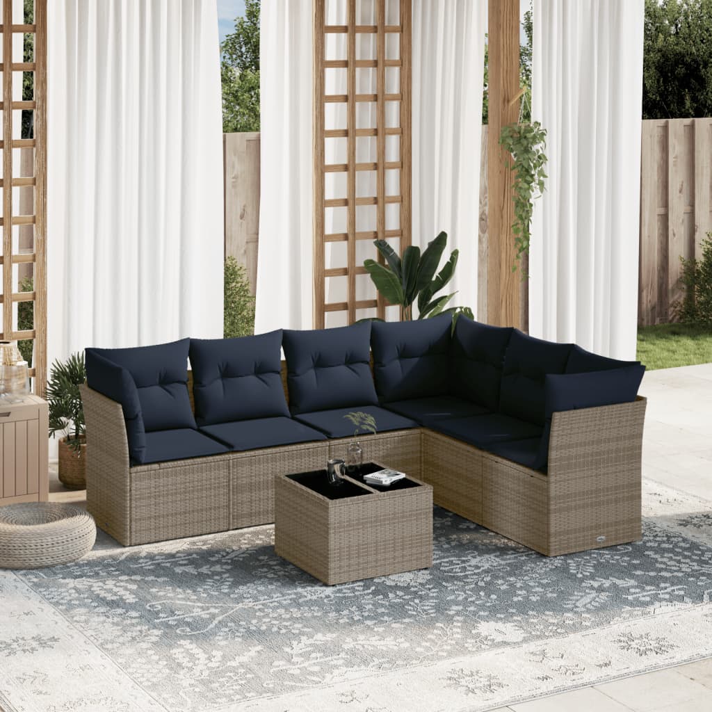 vidaXL 7-teiliges Gartensofa-Set mit Kissen, grau, Polyrattan