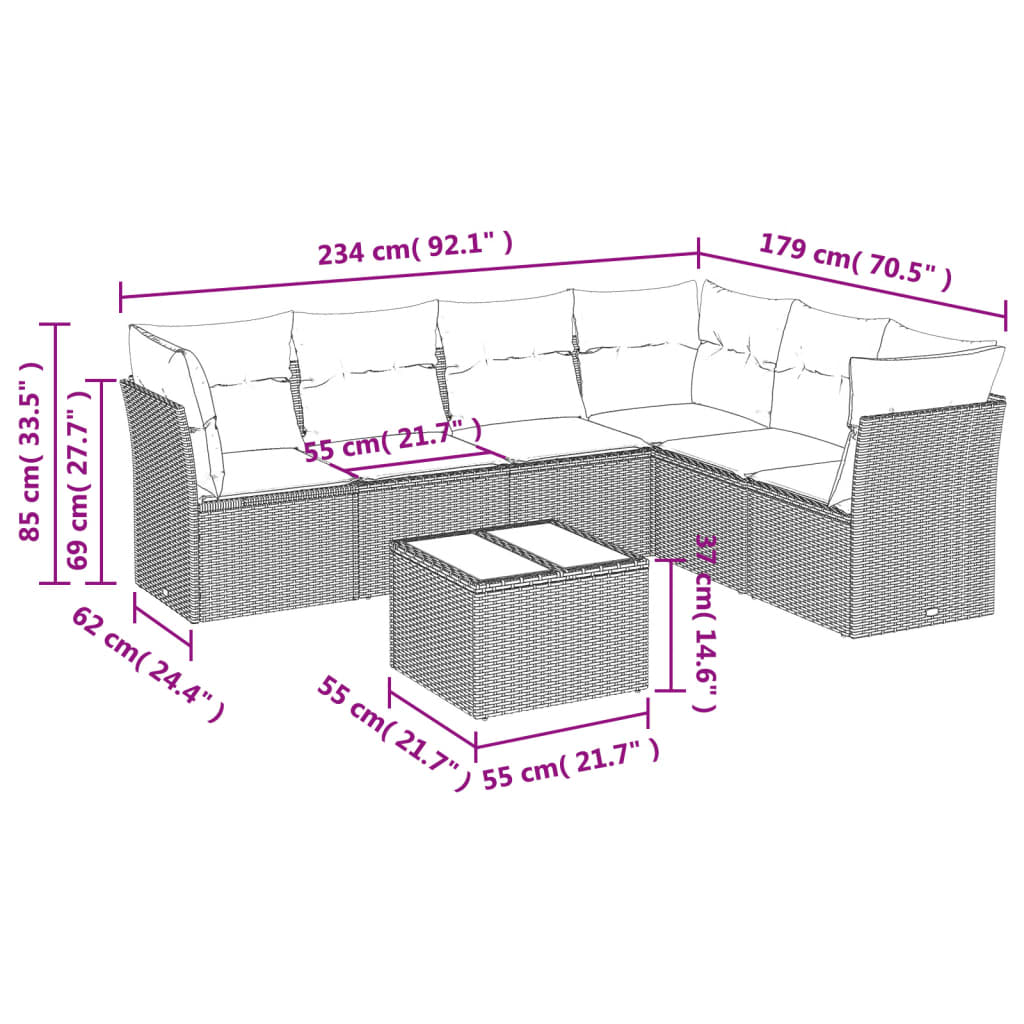 vidaXL 7-delige Loungeset met kussens poly rattan bruin