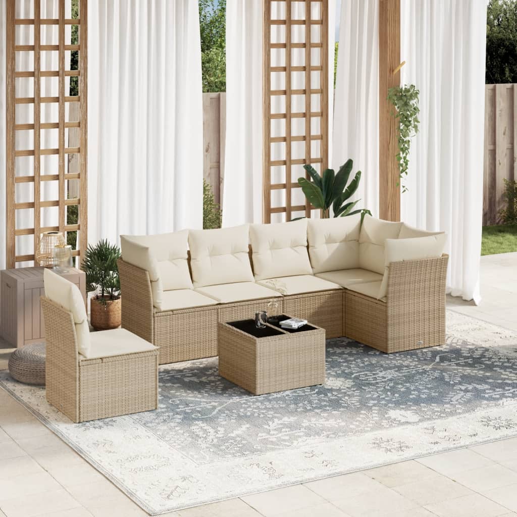 vidaXL 7-tlg. Garten-Sofagarnitur mit Kissen Beige Poly Rattan