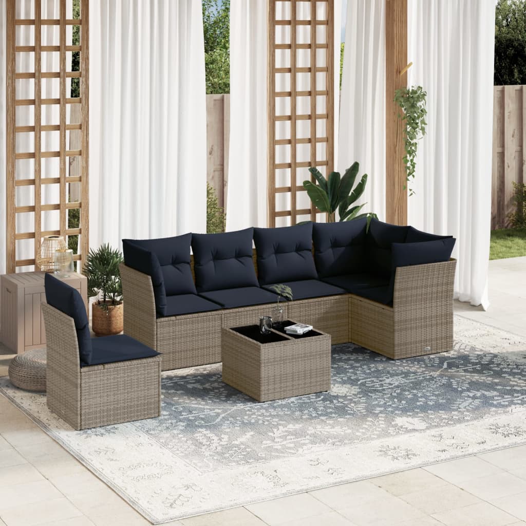 Havesofasæt i grå polyrattan med marineblå hynder - 7 dele