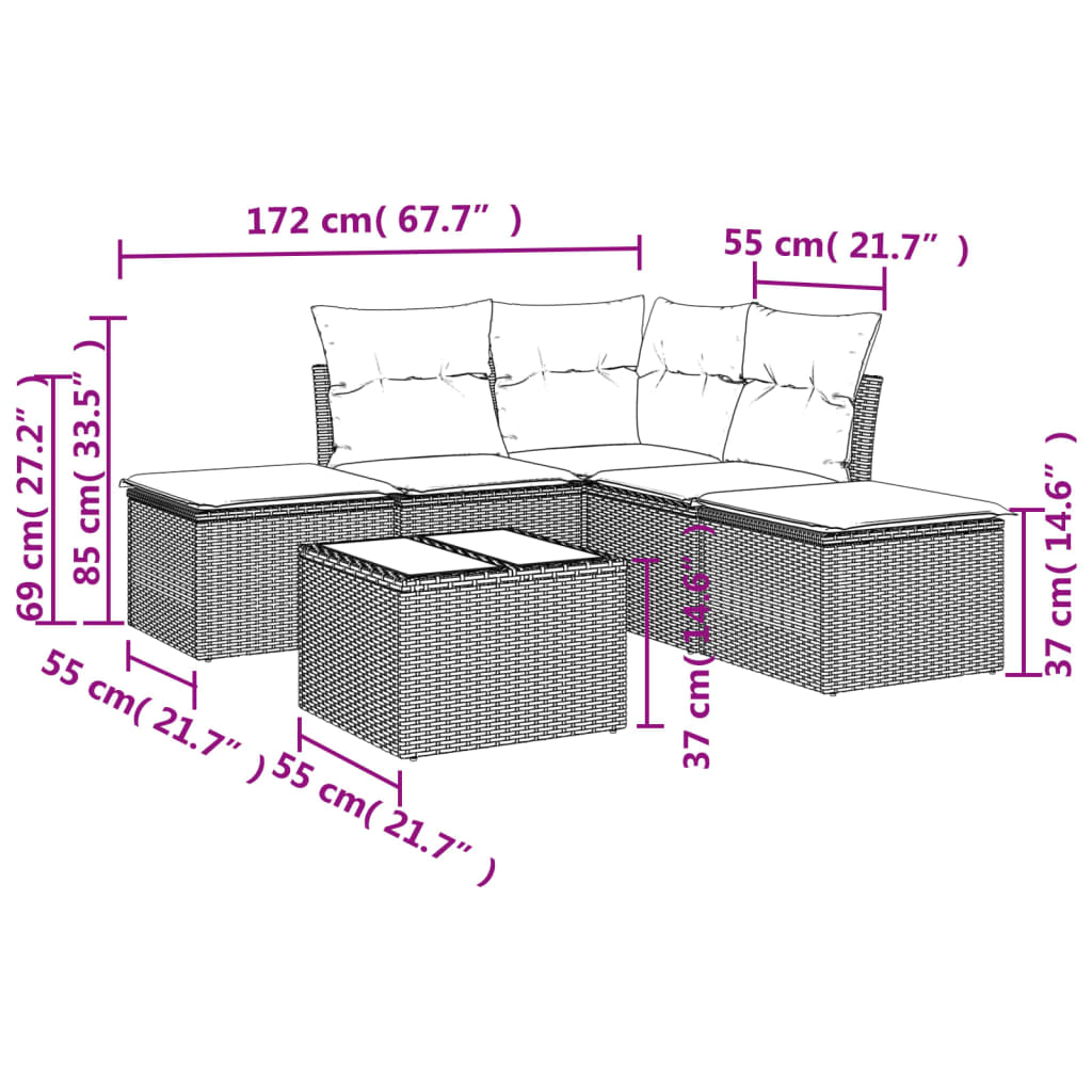 vidaXL 6-delige Loungeset met kussens poly rattan bruin