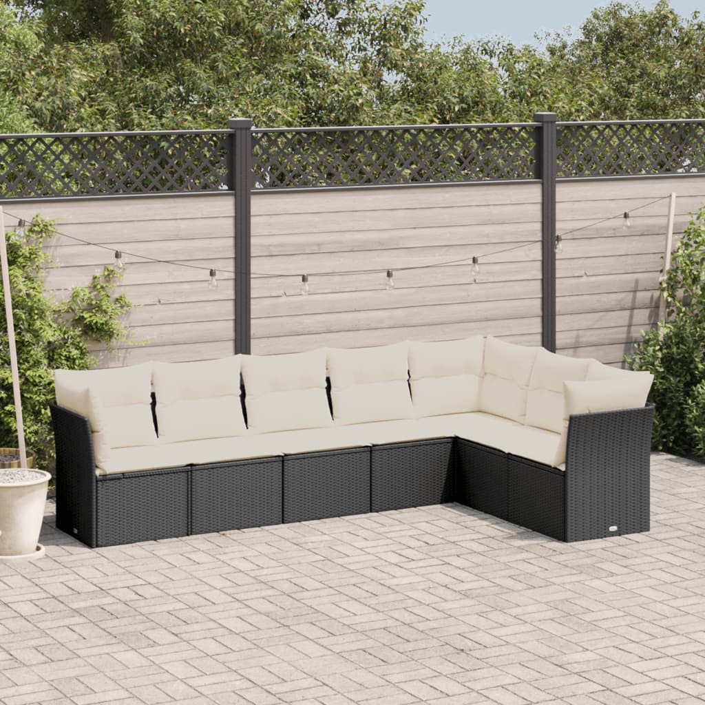 vidaXL 7-tlg. Garten-Sofagarnitur mit Kissen Schwarz Poly Rattan