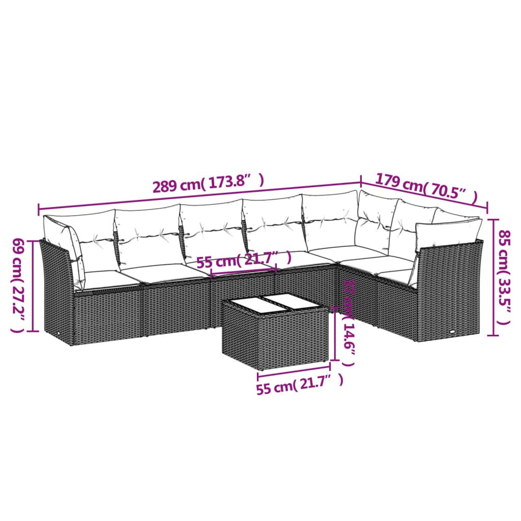 Set mobilier de grădină cu perne, 8 piese, negru, poliratan 3217746 - imagine 3