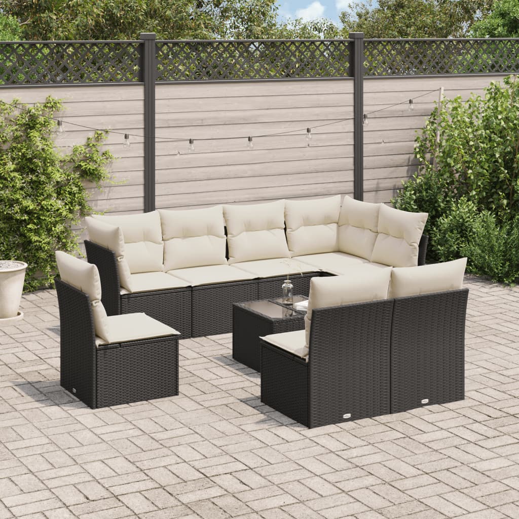 vidaXL 9-tlg. Garten-Sofagarnitur mit Kissen Schwarz Poly Rattan