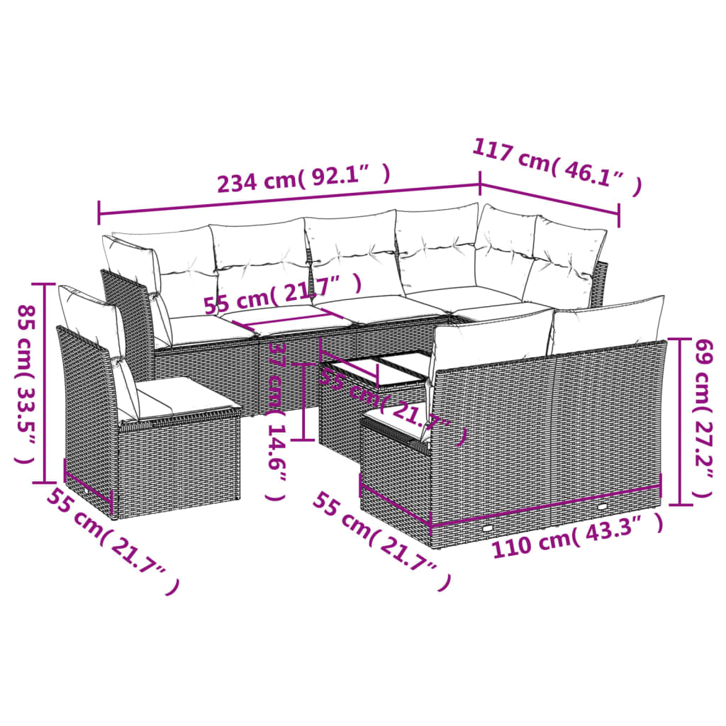 vidaXL 9-delige Loungeset met kussens poly rattan bruin