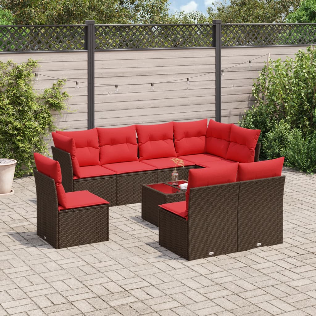 9-tlg. Garten-Sofagarnitur mit Kissen Braun Poly Rattan