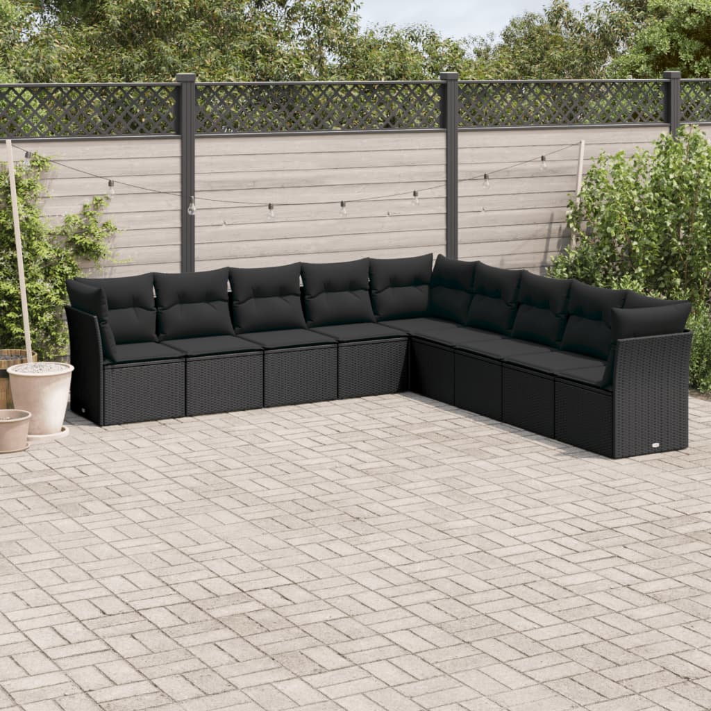 vidaXL 9-tlg. Garten-Sofagarnitur mit Kissen Schwarz Poly Rattan