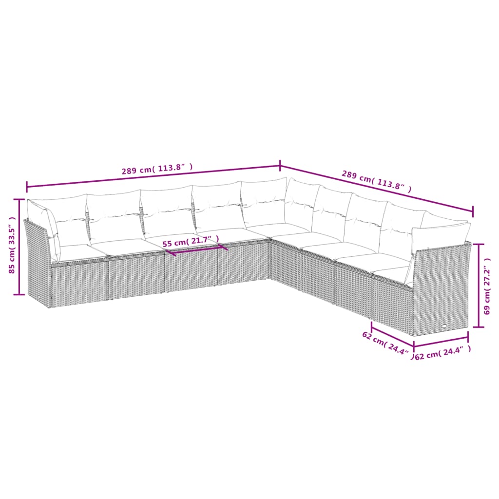 vidaXL 9-delige Loungeset met kussens poly rattan zwart afbeelding