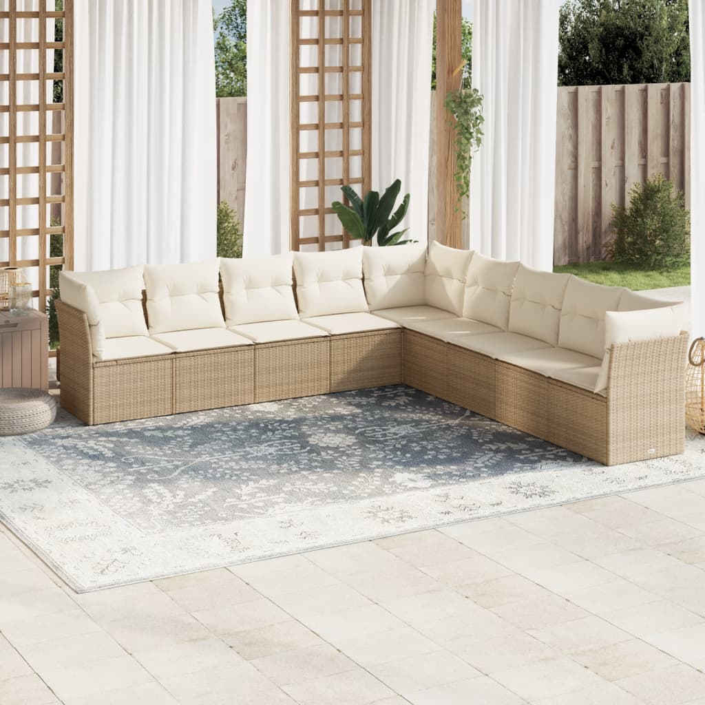 vidaXL 9-tlg. Garten-Sofagarnitur mit Kissen Beige Poly Rattan