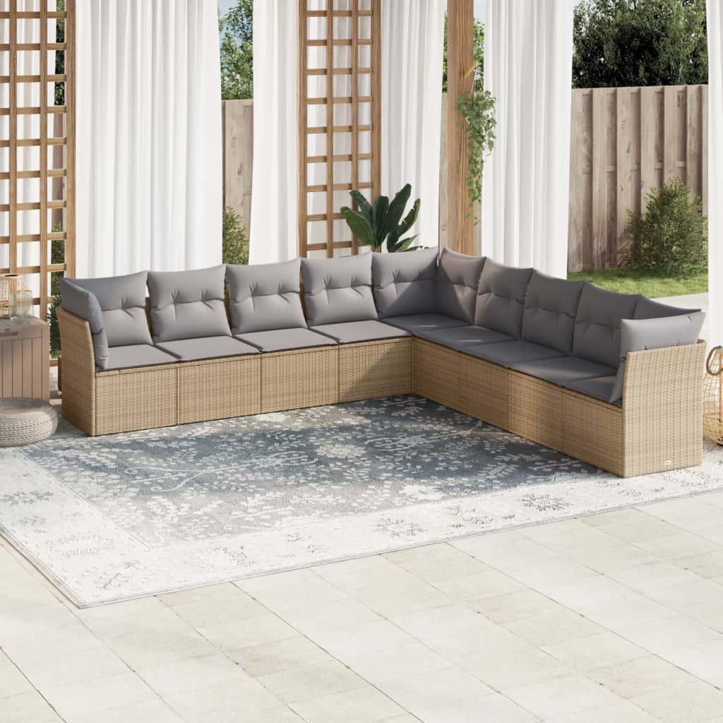 vidaXL 9-tlg. Garten-Sofagarnitur mit Kissen Beige Poly Rattan