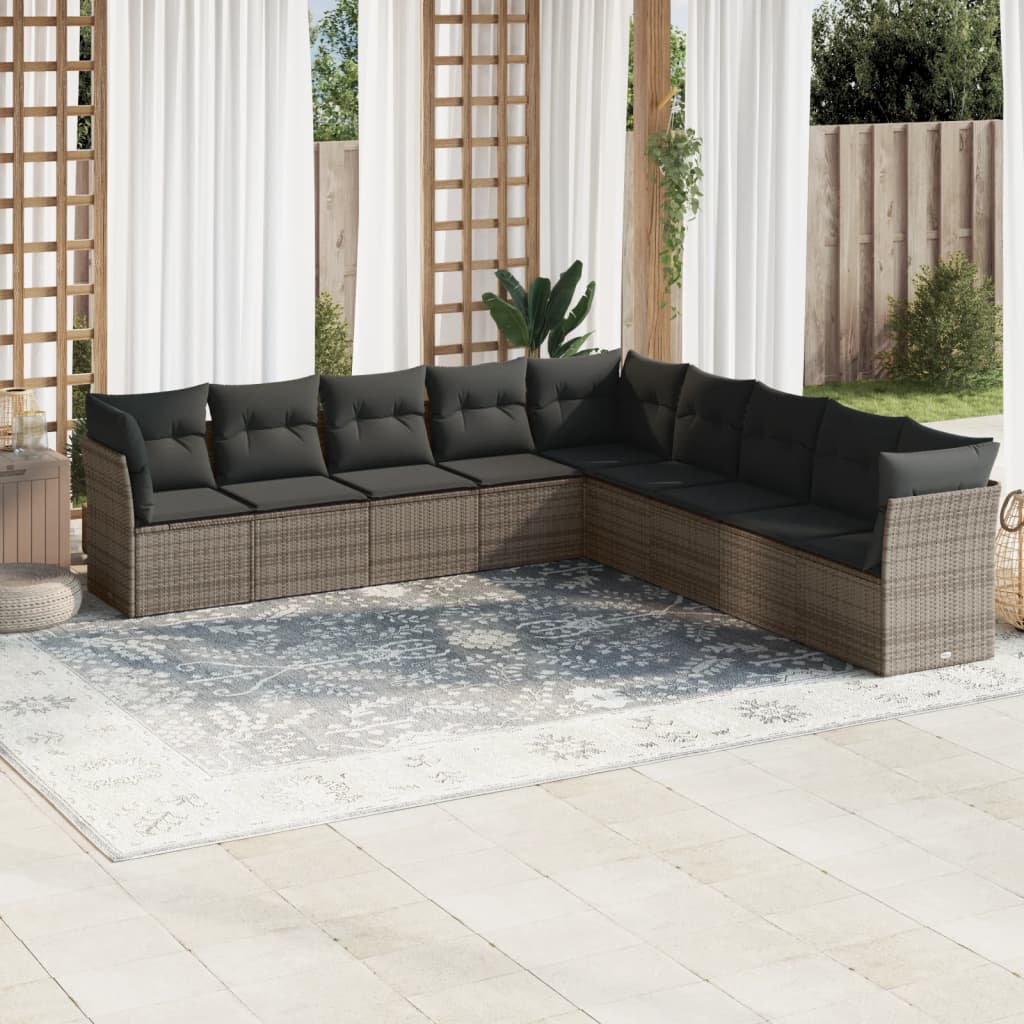 vidaXL 9-tlg. Garten-Sofagarnitur mit Kissen Grau Poly Rattan