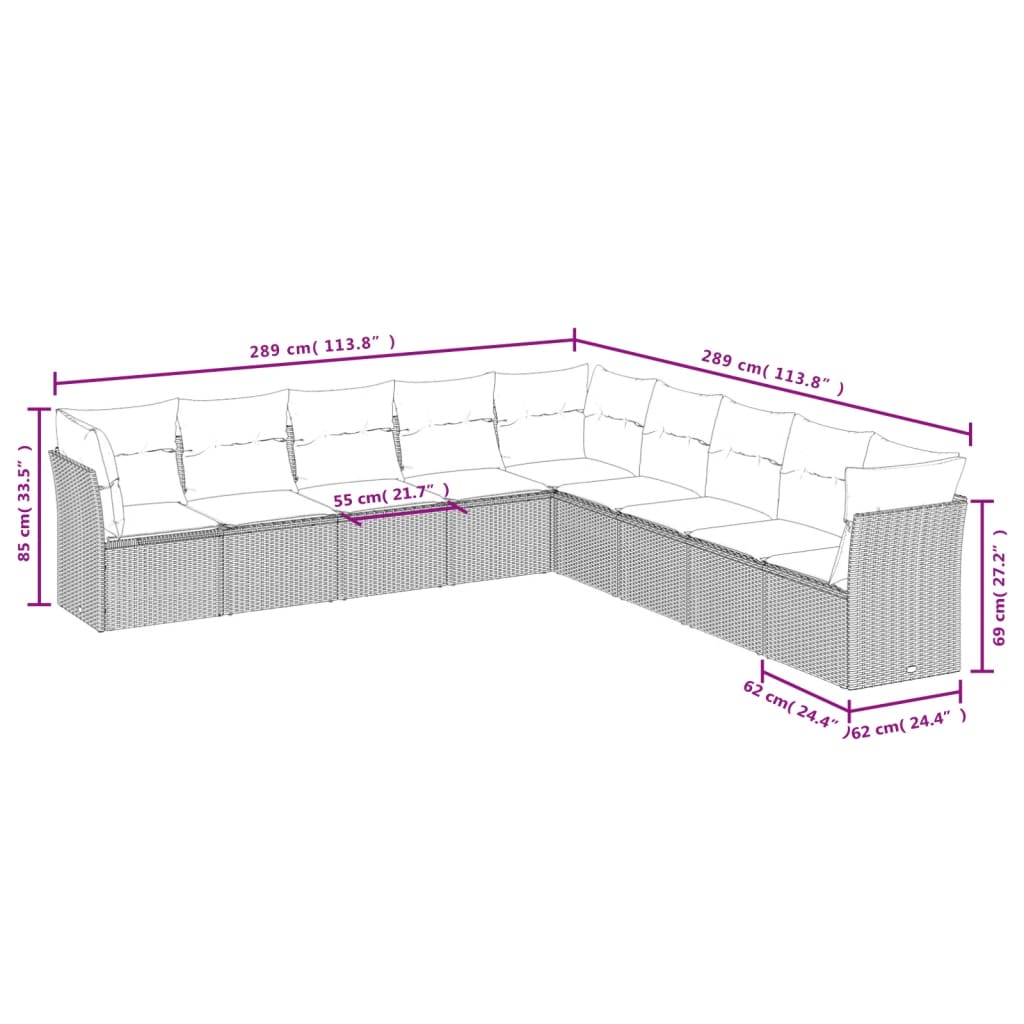 vidaXL 9-delige Loungeset met kussens poly rattan lichtgrijs afbeelding